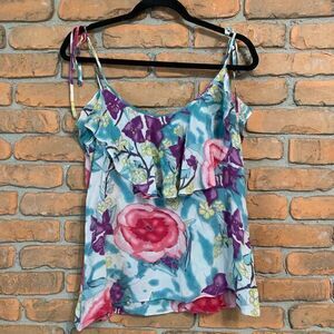 AKA Vintage Y2K Silk Tank Top Tie Strap Ruffle Sleeveless Floral Blouse Size M
